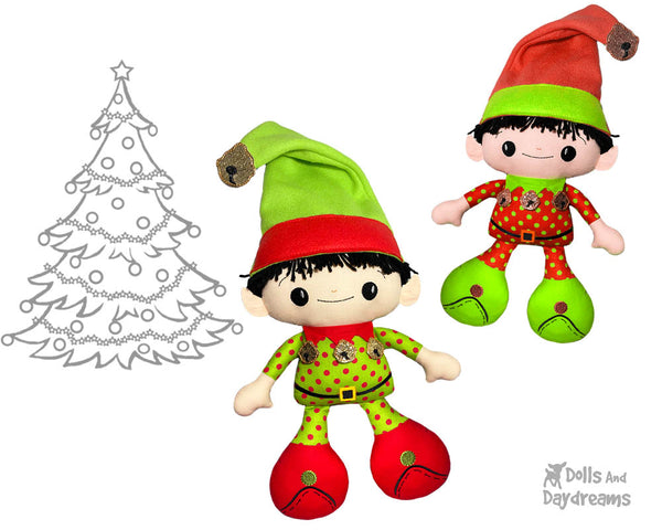 Big Foot Best Friends BFF Christmas Elf on the shelf Doll In The Hoop Machine Embroidery Pattern Kawaii Cute Xmas Elves fabric Cloth plush by Dolls And Daydreams