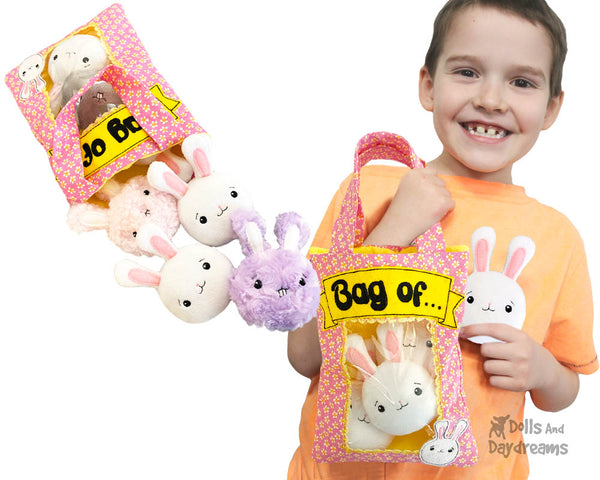 Bag of Bunnies In the Hoop Machine Embroidery Pattern Bunny Rabbit kawaii cute Easter kids fabric soft toy easy plushie diy cuteness