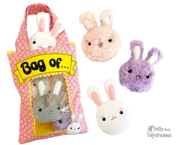 Bag of Bunnies In the Hoop Machine Embroidery Pattern Bunny Rabbit kawaii cute Easter stuffies toy easy plushie diy cuteness