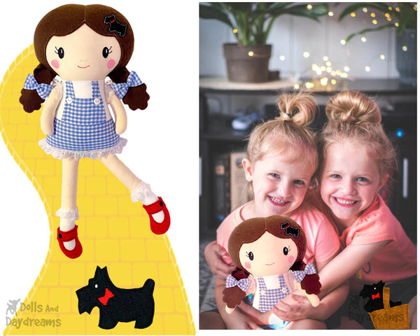 Machine Embroidery Dorothy cloth Doll Pattern Wizard of Oz plush diy in the hoop little girls toy and toto dog by dolls and daydreams