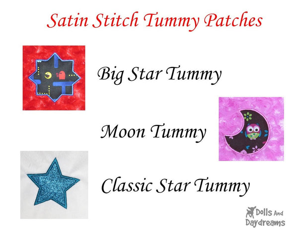 Satin Stitch Tummy Patches B –  Big Star, Star, Moon– Bedtime Triple Pack - Dolls And Daydreams - 2