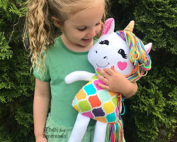 In The Hoop Yarn Hair Unicorn Machine Embroidery Pattern Softie DIY Kids Softie Plush Toy by Dolls And Daydream