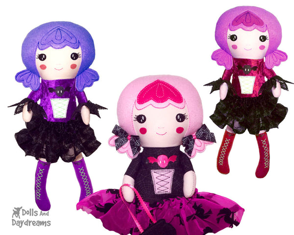 ITH Machine Embroidery Witch Doll Pattern by Dolls And Daydreams DIY Halloween gothic girl cloth doll pattern made In The Hoop