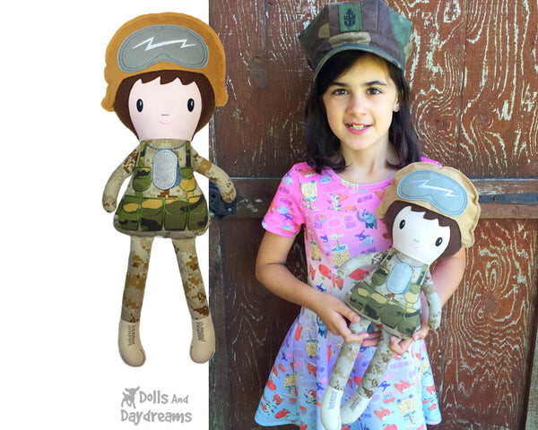 In the hoop Army machine embroidery Military Doll Pattern ITH lush diy children's mom dad look a like cloth toy by Dolls And Daydreams