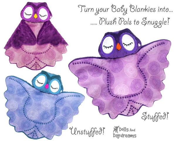 Owl Baby Blanket Lovies Sewing Pattern by Dolls And Daydreams stuffed toy diy plush
