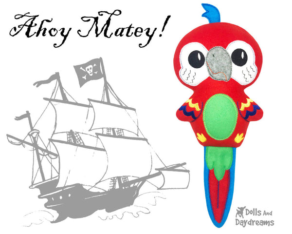 Pirate Parrot in the hoop machine embroidery Pattern by Dolls And Daydreams Budgie Bird DIY Soft Toy plushie Handmade