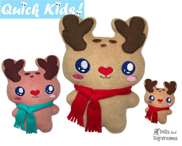 Quick Kids Christmas Reindeer Machine Embroidery Pattern by Dolls And Daydreams kids xmas diy plush soft toy