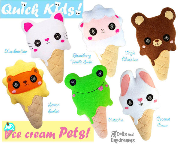 Quick Kids Ice Cream Pets Sewing Pattern Pack 2 plush diy pdf kawaii soft toys