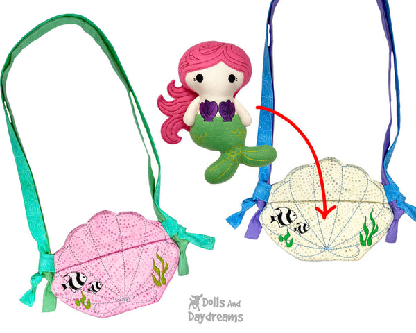 In The Hoop Machine Embroidery Shell Tote Pattern by Dolls And Daydreams ITH DIY cross body little kids mermaid doll bag