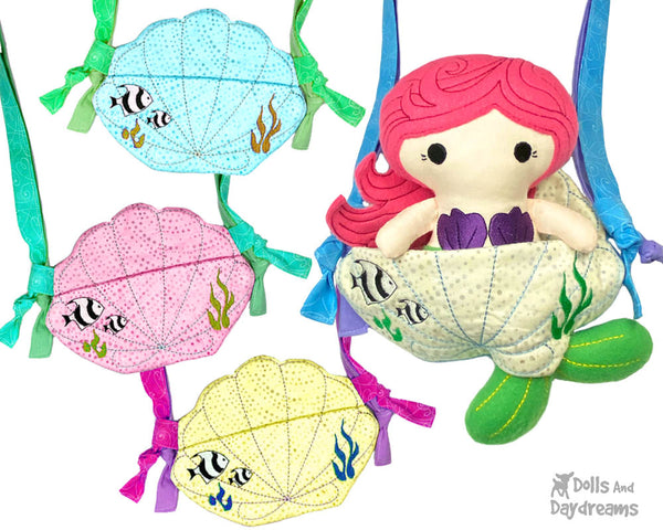 Seaside In The Hoop Machine Embroidery Tiny Shell Tote Pattern by Dolls And Daydreams ITH DIY cross body kids mermaid doll bag
