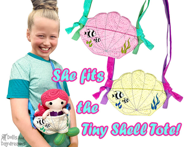 Seaside In The Hoop Machine Embroidery Tiny Shell Tote Pattern by Dolls And Daydreams ITH DIY mermaid doll bag