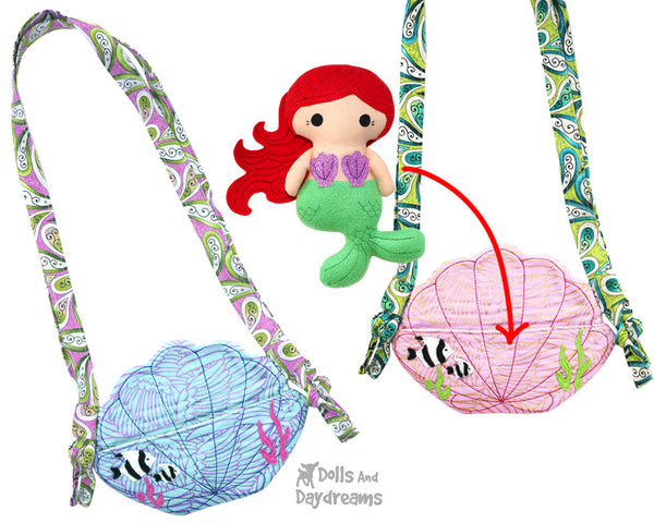 Seashell PDF Tiny Shell Tote Sewing Pattern by Dolls And Daydreams DIY cross body little girls mermaid doll bag