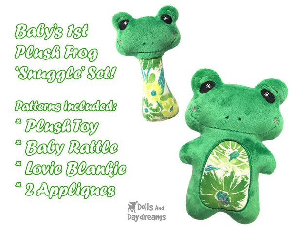 Cute Neutral Baby Frog  Lovie Blanket Plush Toy Rattle Machine Embroidery In The Hoop Pattern Set by dolls and daydreams DIY Baby Shower Gift