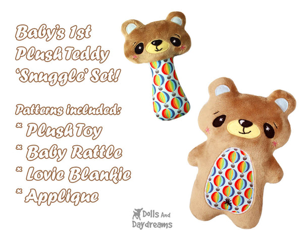Teddy bear Baby Lovie Blanket Plush Toy Rattle  & Applique Plush Set PDF Sewing Patterns by dolls and daydreams DIY shower gift