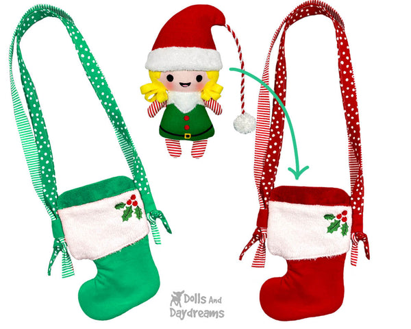 In The Hoop Machine Embroidery Xmas Stocking Tote Doll Bag Pattern by Dolls And Daydreams ITH DIY bag cross body doll carrier 