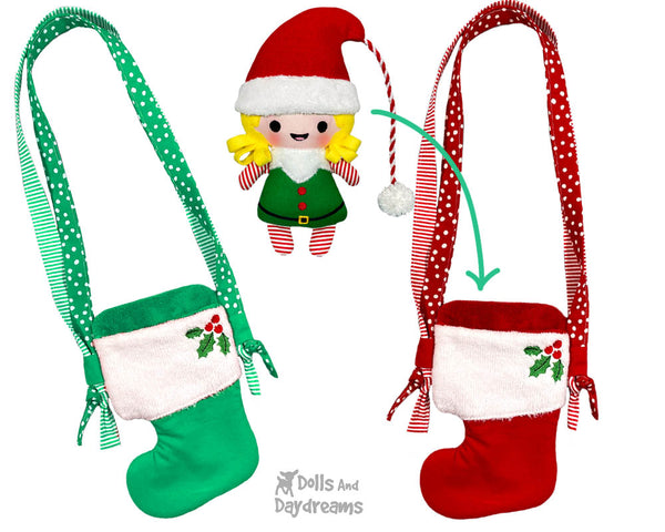 In The Hoop Machine Embroidery Xmas Stocking Tote Doll Bag Pattern by Dolls And Daydreams ITH DIY bag cross body doll carrier