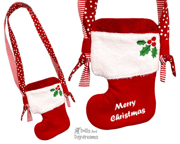 In The Hoop Machine Embroidery Christmas Stocking Tote Doll Bag Pattern by Dolls And Daydreams ITH DIY bag cross body doll carrier 