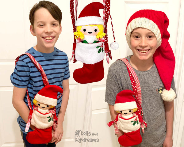 In The Hoop Machine Embroidery Christmas Stocking Tote Doll Bag Pattern by Dolls And Daydreams ITH DIY Xmas bag cross body doll carrier