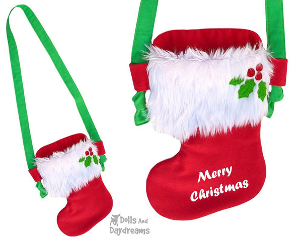 Tiny Christmas Stocking Tote bag Sewing Pattern by Dolls And Daydreams DIY doll carry case bag