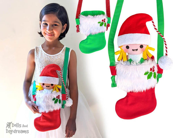 Tiny Christmas Stocking Tote bag Sewing Pattern by Dolls And Daydreams DIY Xmas doll carry case bag