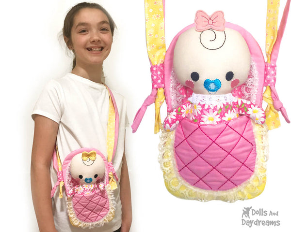 Cute In The Hoop Machine Embroidery Tiny Carry Cot Bassinet Tote Doll Pattern by Dolls And Daydreams ITH DIY cross body doll bag