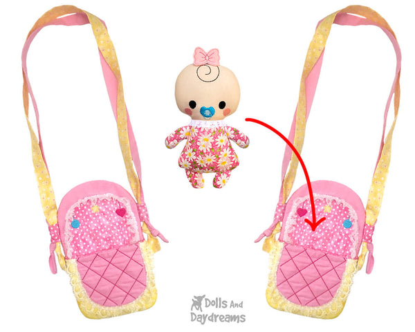 Cute In The Hoop Machine Embroidery Tiny Carry Cot Bassinet Tote Doll Pattern by Dolls And Daydreams ITH DIY little girls travel doll bag