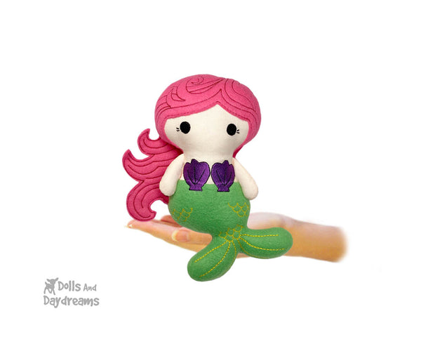 In The Hoop Machine Embroidery Tiny Mermaid Doll Pattern by Dolls And Daydreams ITH kawaii cute little plush fairy tale DIY cloth doll