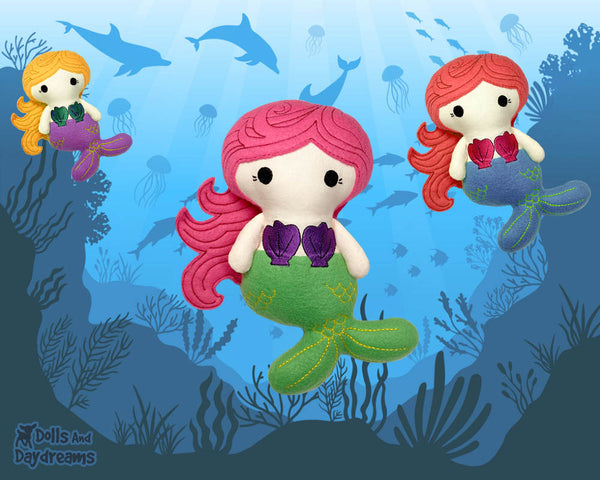 In The Hoop Machine Embroidery Tiny Mermaid Doll Pattern by Dolls And Daydreams ITH kawaii cute little plush DIY fabric doll