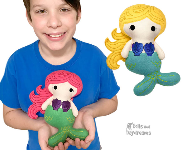 In The Hoop Machine Embroidery Tiny Mermaid Doll Pattern by Dolls And Daydreams ITH kawaii cute little plush DIY cloth doll