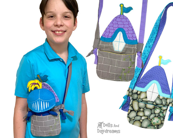 Castle In The Hoop Machine Embroidery Tiny Tower Turret Tote Pattern by Dolls And Daydreams ITH DIY fairy tale cross body little kids doll bag