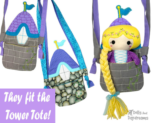 In The Hoop Machine Embroidery Tiny Rapunzel Doll fits the Tower Castel Tote Bag Pattern by Dolls And Daydreams ITH DIY kawaii cute plush fairy tale cloth doll