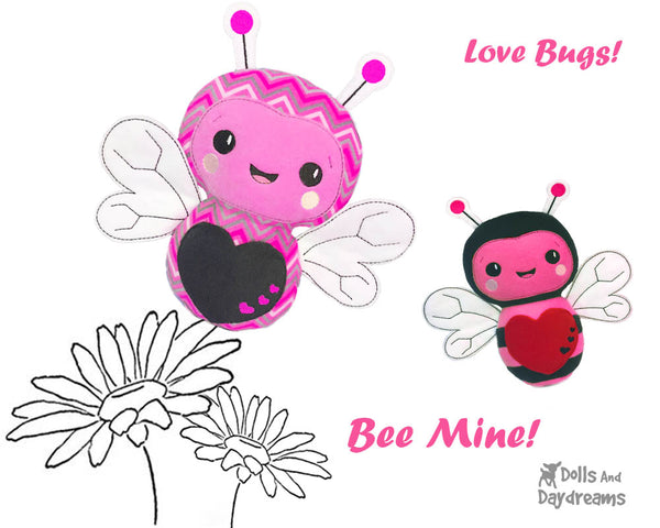 In the hoop Machine Embroidery Bumble Bee Pattern by Dolls and daydreams DIY ITH Plush toy be mine love bug valentines