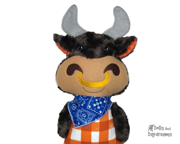 Machine Embroidery cute Bull Cow In The Hoop Toy Pattern by Dolls And Daydreams
