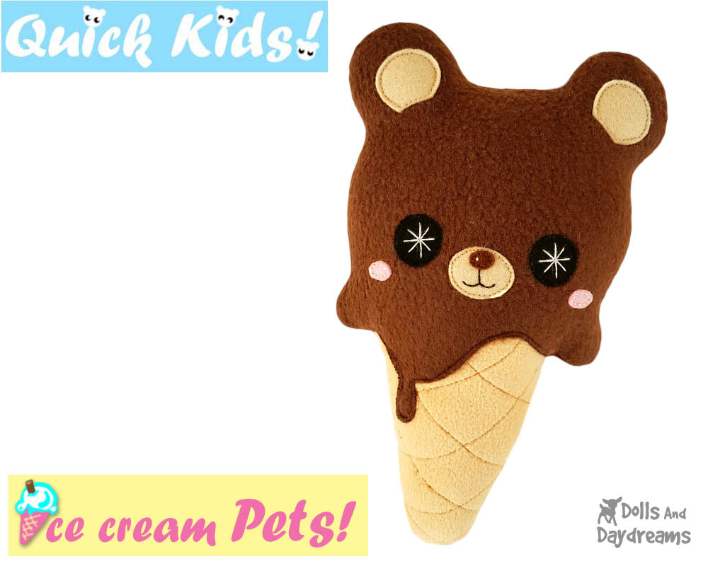 Quick Kids Ice Cream Teddy Sewing Pattern PDF  kawaii plush diy by Dolls and Daydreams