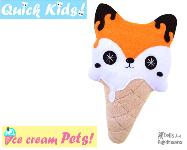 Quick Kids Ice Cream Fox Sewing Pattern PDF  kawaii plush diy by Dolls and Daydreams