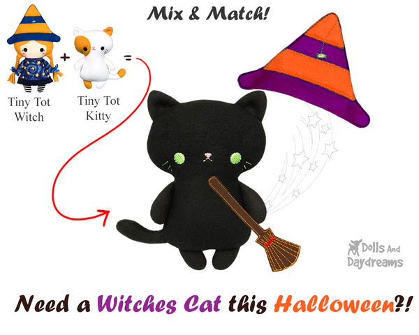 Tiny Tot Witches Cat Plush Sewing Pattern by Dolls And Daydreams small pocket sized kitten soft toy pdf diy Halloween