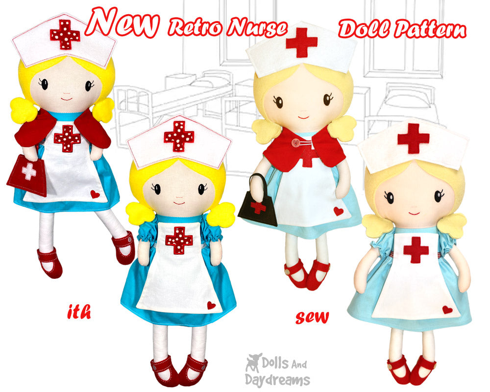 New Retro Nurse Dress Up Doll Sewing and Machine Embroidery Patterns are here!