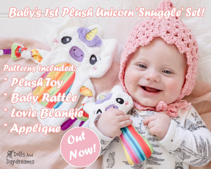 Baby Unicorn Lovie Blanket, Plush Toy, Rattle & Applique Pattern Set 🦄