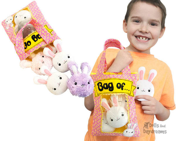 Bag of Bunnies In the Hoop Machine Embroidery Pattern Bunny Rabbit kawaii cute Easter kids fabric soft toy easy plushie diy cuteness 