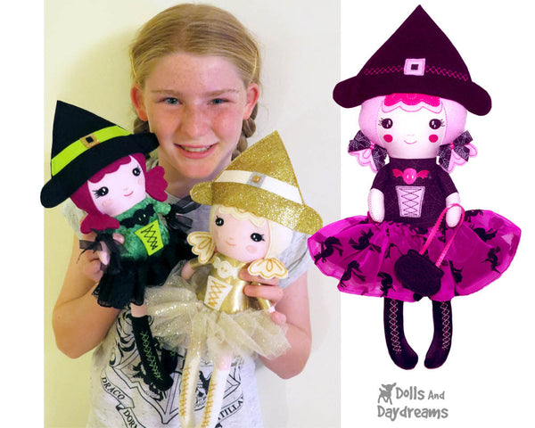 ITH Machine Embroidery Witch Doll Pattern by Dolls And Daydreams DIY Halloween fabric doll pattern made In The Hoop