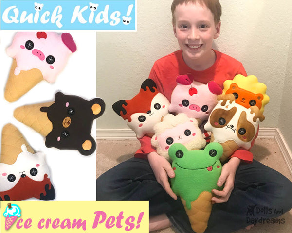 Kawaii cute Ice Cream ITH machine embroidery Pattern PDF  plush diy by Dolls and Daydreams