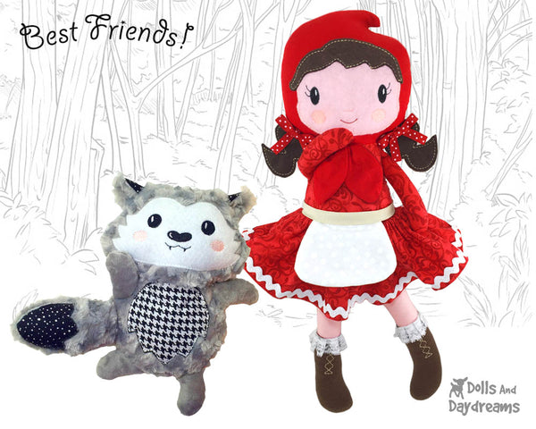 Machine Embroidery In The Hoop Little Red Riding Hood Doll Pattern cloth fairy tale fairytale doll diy by dolls and daydreams and wolf plush