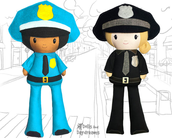 Police officer cop Cloth Doll ITH Pattern machine embroidery In the hoop ITH first responder detective diy plush by dolls and daydreams