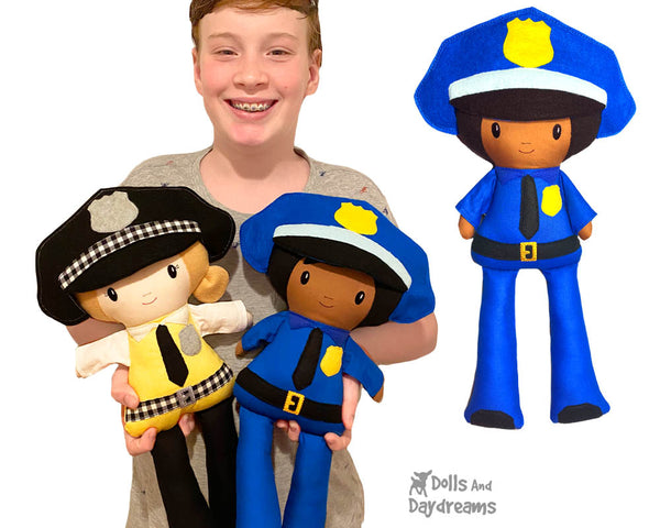 Police officer cop Cloth Doll ITH Pattern machine embroidery In the hoop ITH first responder detective diy by dolls and daydreams