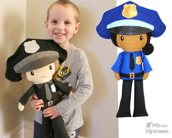 Police officer cop Cloth Doll Sewing Pattern Cloth Doll first responder detective diy sewn make it yourself plush kids toy by dolls and daydreams
