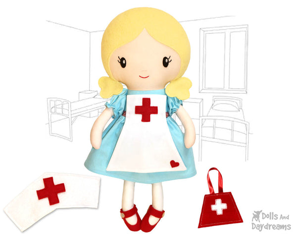 Retro Nurse cloth doll Sewing Pattern by dolls and daydreams diy make easy dress up plush fabric dolls