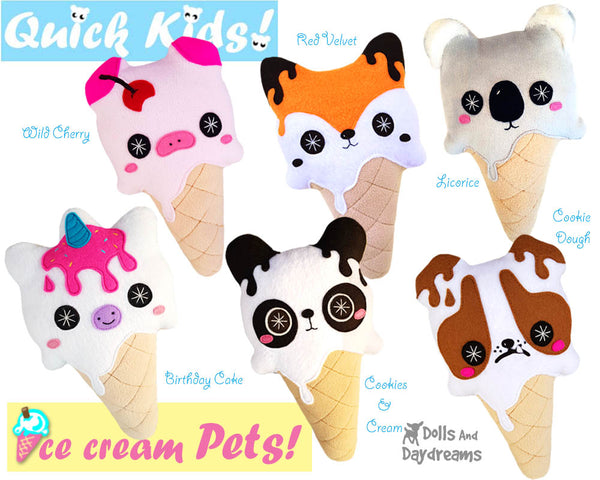 Quick Kids Ice Cream Pets Sewing Pattern Pack 1 plush diy pdf kawaii soft toys by dolls and daydreams