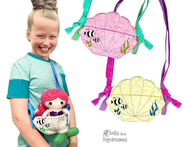 Seashell In The Hoop Machine Embroidery Shell Tote Pattern by Dolls And Daydreams ITH DIY cross body little kids mermaid doll bag