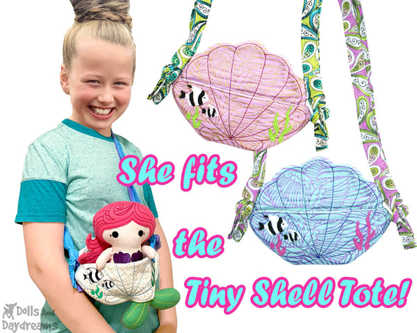 Seashell PDF Tiny Shell Tote Sewing Pattern by Dolls And Daydreams DIY little girls little mermaid doll bag
