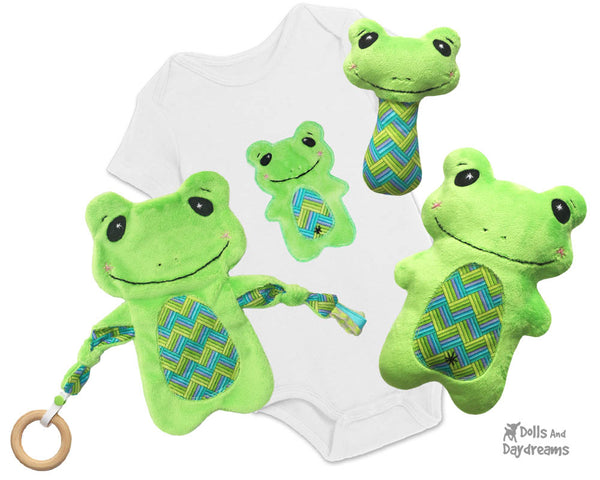 Frog Neutral Baby Lovie Blanket, Plush Toy, Rattle & Applique Plush Set Sewing Patterns by dolls and daydreams